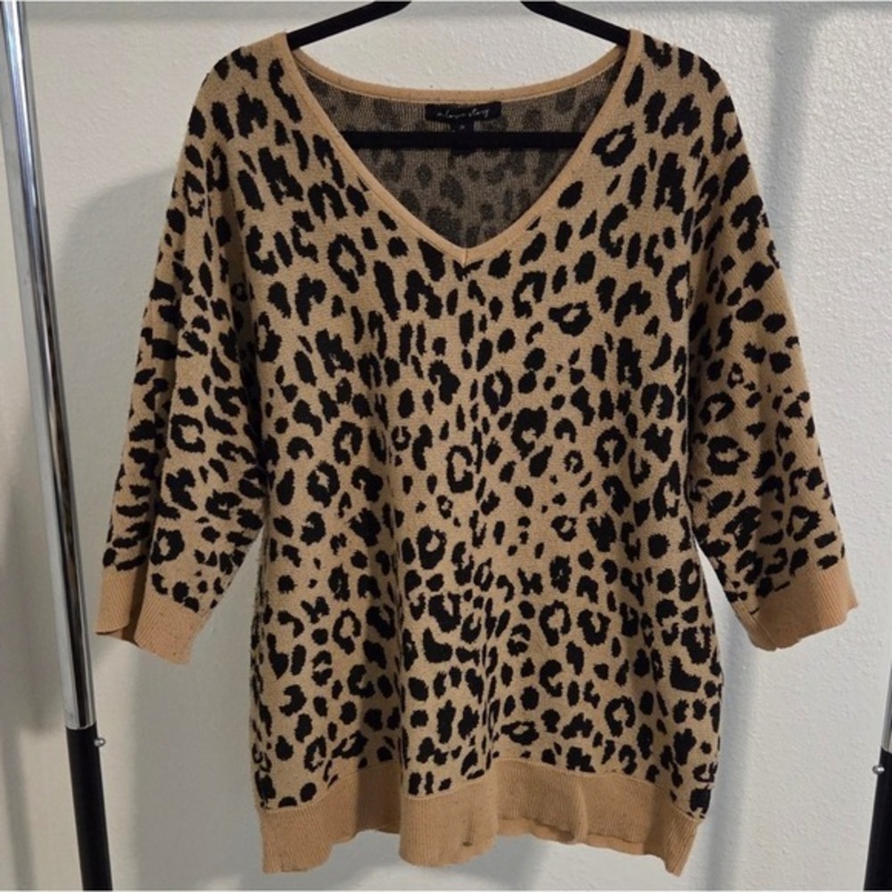 Leopard Print V-Neck‎ Sweater 2X Tan Black Animal Print Knit